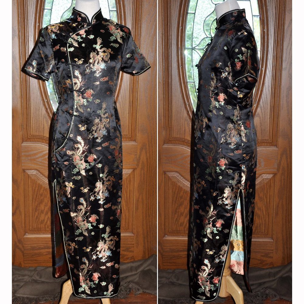 Asian Black & Gold Embossed Traditional Chinoiserie Oriental Sexy Sheath Dress